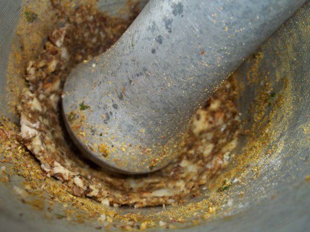 Grinding Nuts and Spices for Lobio with Nuts Recipe