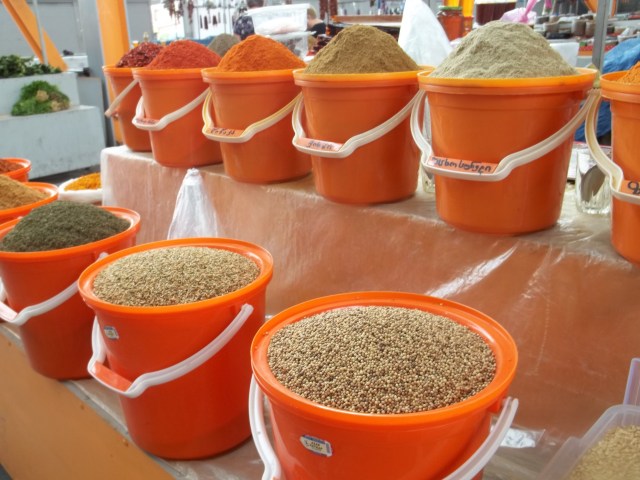 Buckets of spices in a Georgian Market