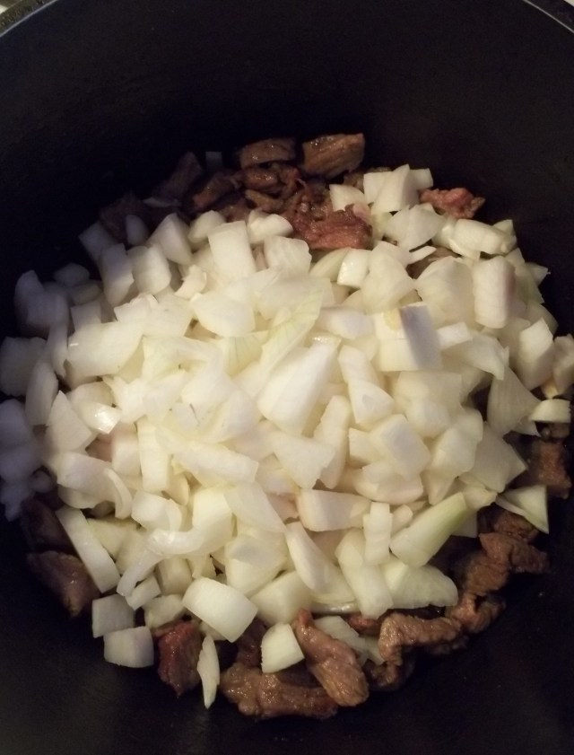 Adding Onions for Pork Chashushuli with Mushrooms