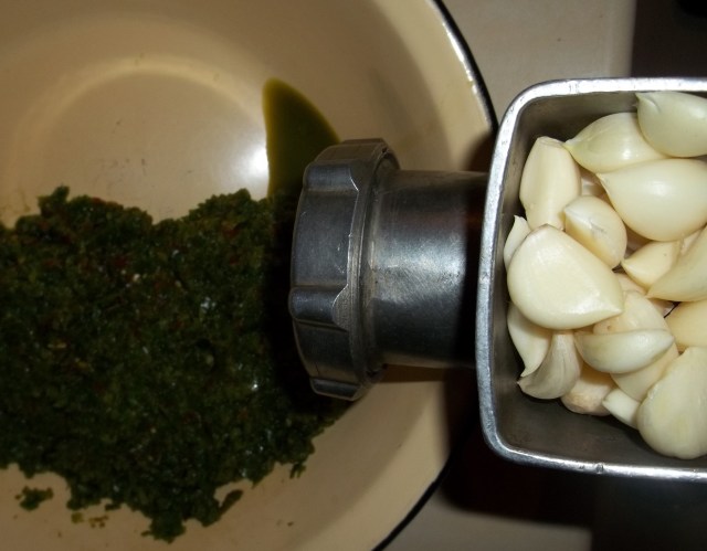 Grinding Garlic for Green Ajika Recipe