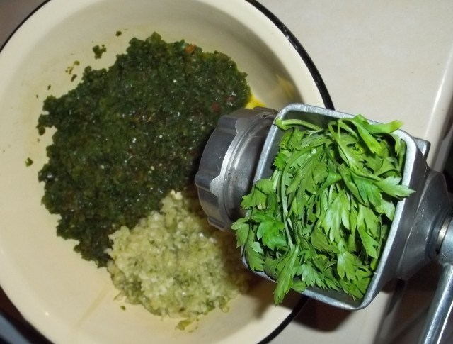 Grinding Ingredients for Green Ajika Recipe