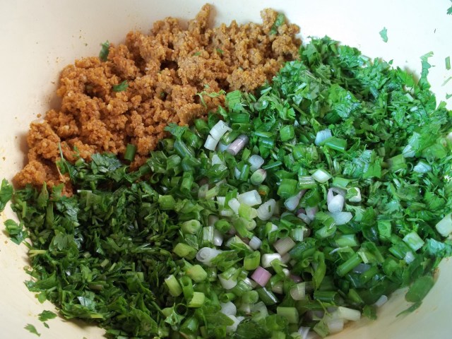 Ground Nuts and Garlic and Prepared Herbs for Fkhali with Beetroot Leaves and Nuts Recipe