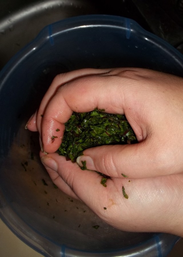 Squeezing Beetroot Leaves for Chakhragina Khachapuri