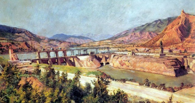 Dam on the Kura River and Highway of Georgian Military Road. 1927 painting by Ilya Mashkov