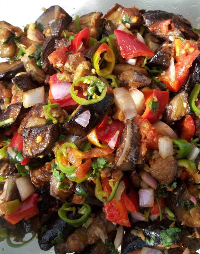 Marinated Eggplant with Peppers Ready for Serving