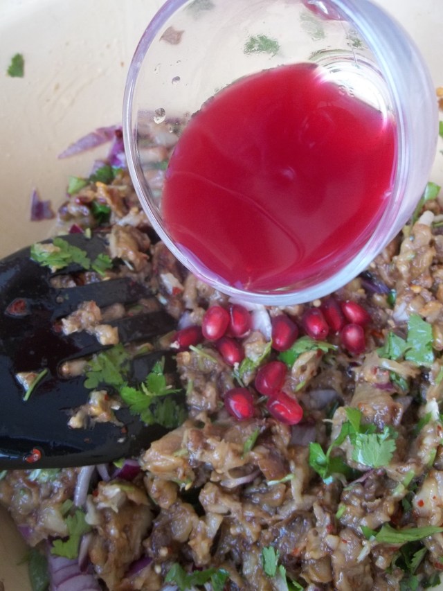 Adding Pomegranate Seeds and Juice for Eggplant Caviar with Pomegranate Recipe