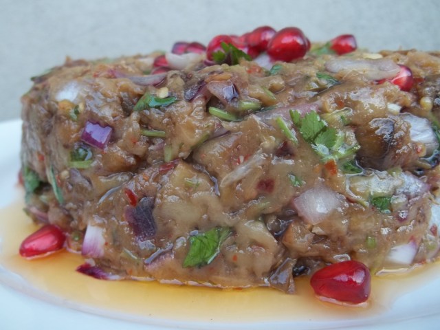 Closeup of Eggplant Caviar with Pomegranate