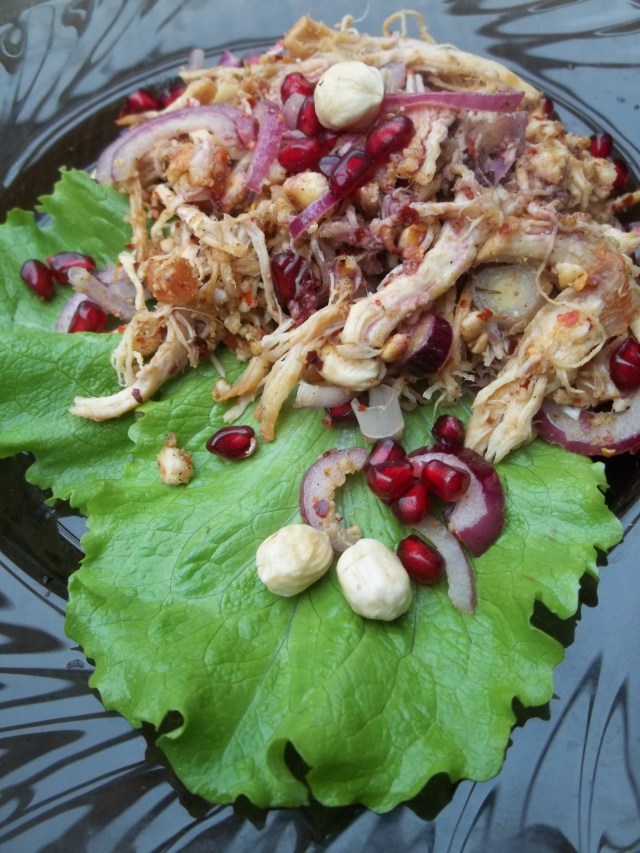 Chicken Salad with Hazelnuts and Pomegranate Sauce ready for serving - Copy