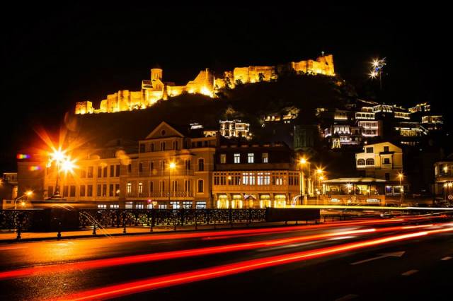 Narikala Fortress illuminated at night