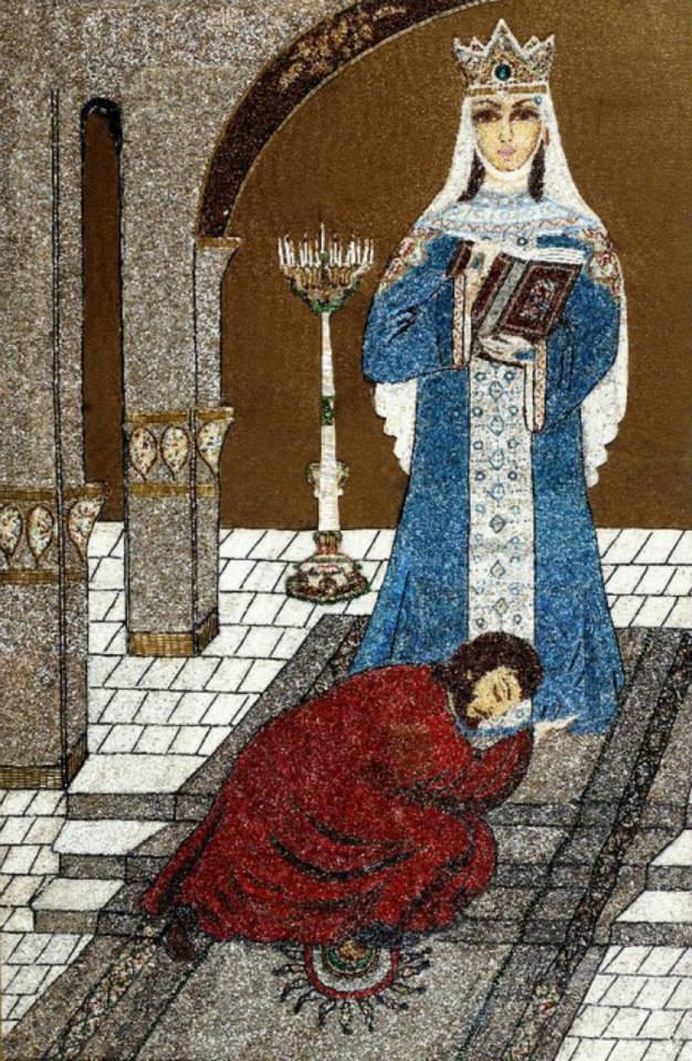 Tamar the Great (Georgian თამარი) receiving the Knight in the  Panther's Skin by Nelly Beraia