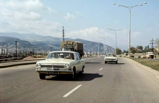 Cars on a Georgian highway in the 1970’s. Photo taken in 1977 by Erhard K