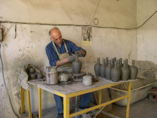 Ceramic wine and chacha bottles are handmade at the Mildiani Family Winery ceramic workshop.