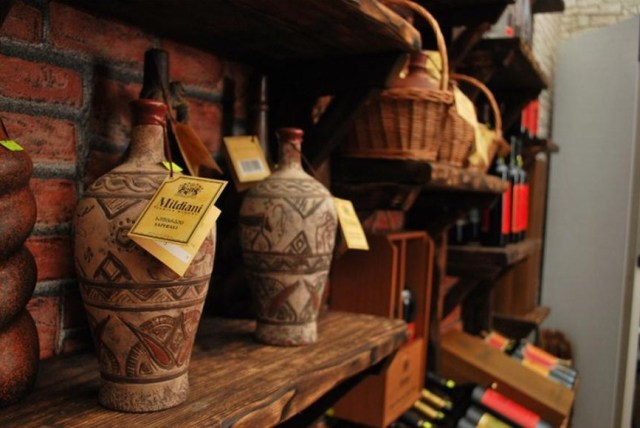 Ceramic wine bottles at the Mildiani Family Winery shop in Tbilisi