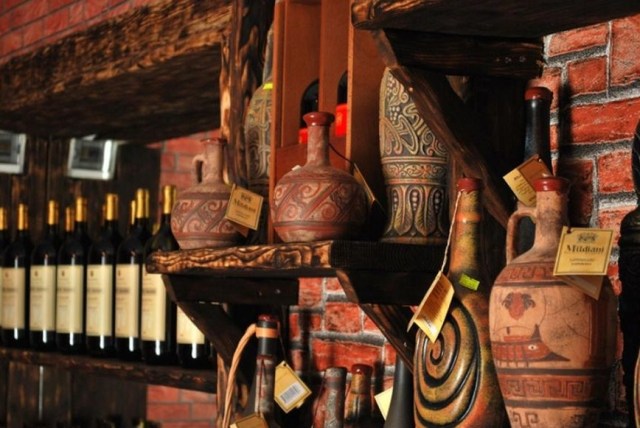 Ceramic wine bottles at the Mildiani Family Winery shop in Tbilisi