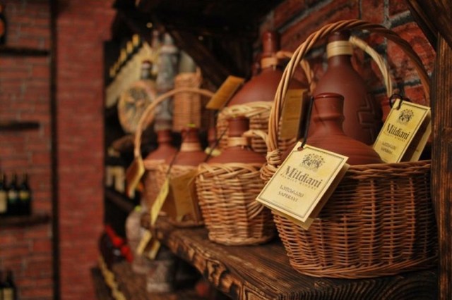 Ceramic wine bottles at the Mildiani Family Winery shop in Tbilisi