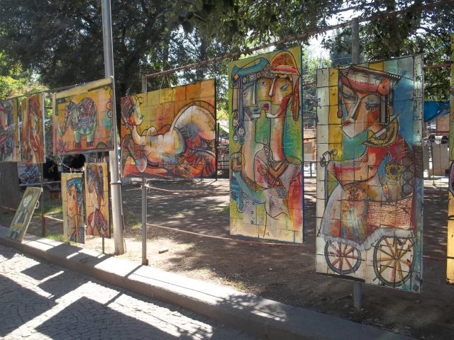 Paintings for sale at the Dry Bridge Art Market in Tbilisi