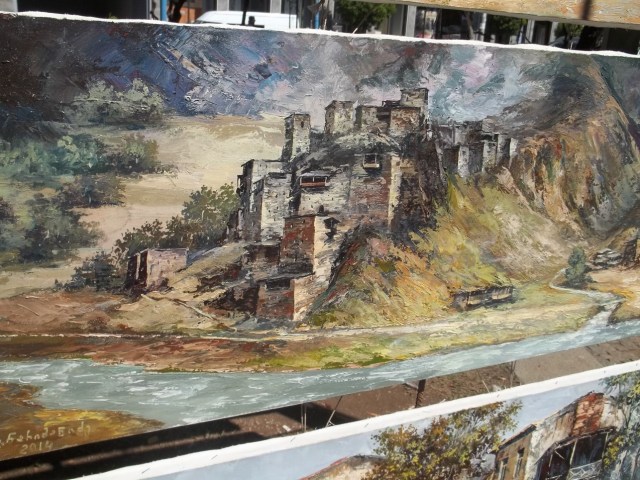 A painting of Shatili at the Dry Bridge Art Market in Tbilisi