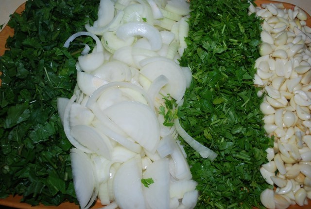 Prepare onions garlic celery and parsley