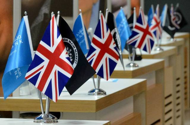 Union Jack flags displayed at the TBC Head Office in Tbilisi