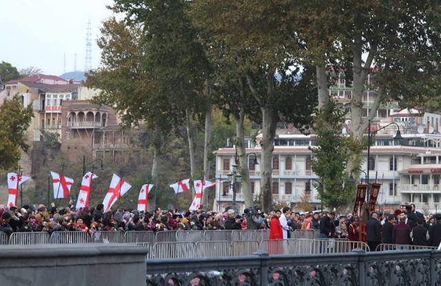 Procession on Metekhi Bridge in Tbilisi commemorating the Hundred Thousand Martyrs.