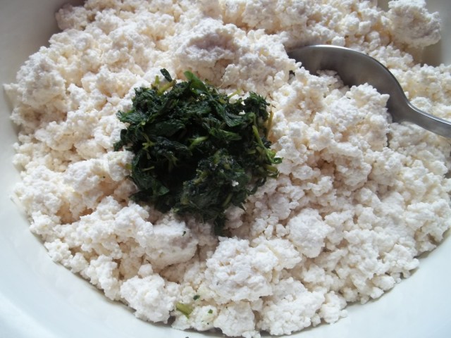 Add ground mint to cottage cheese