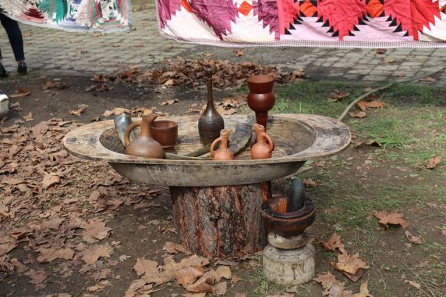A display of wine jugs at the Song about Samegrelo Festival
