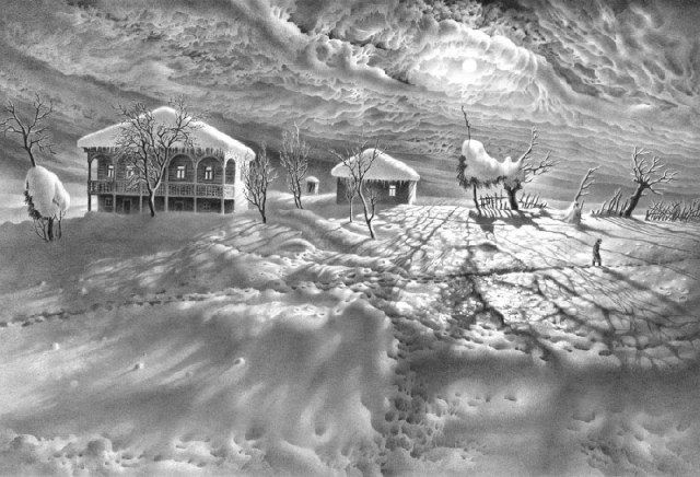 An Imeretian winter by Georgian artist Guram Dolenjashvili 